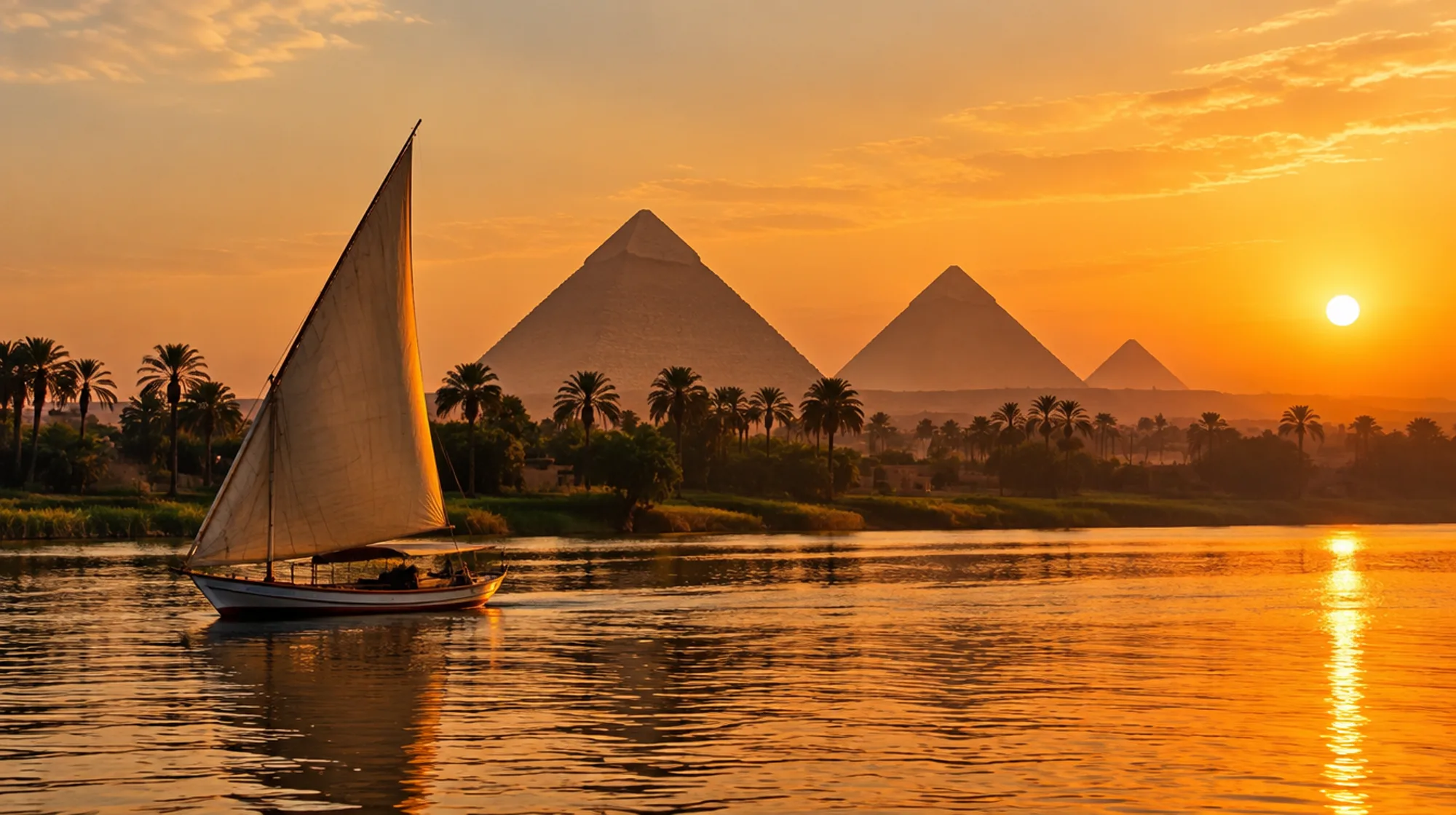 Felucca navegando el Nilo frente a las pirámides al atardecer