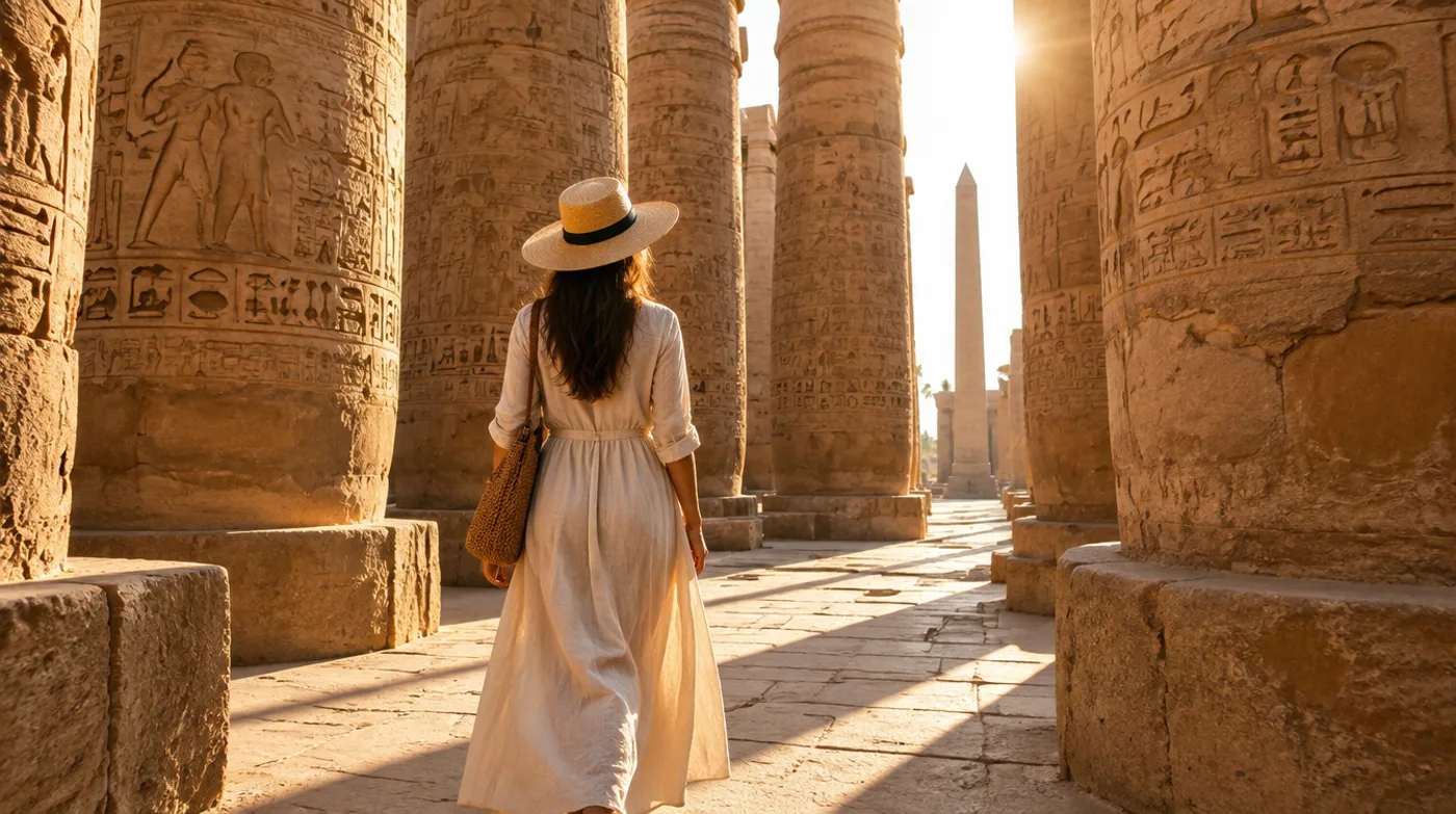 Viajera con vestido de lino y sombrero entre las columnas del Templo de Karnak